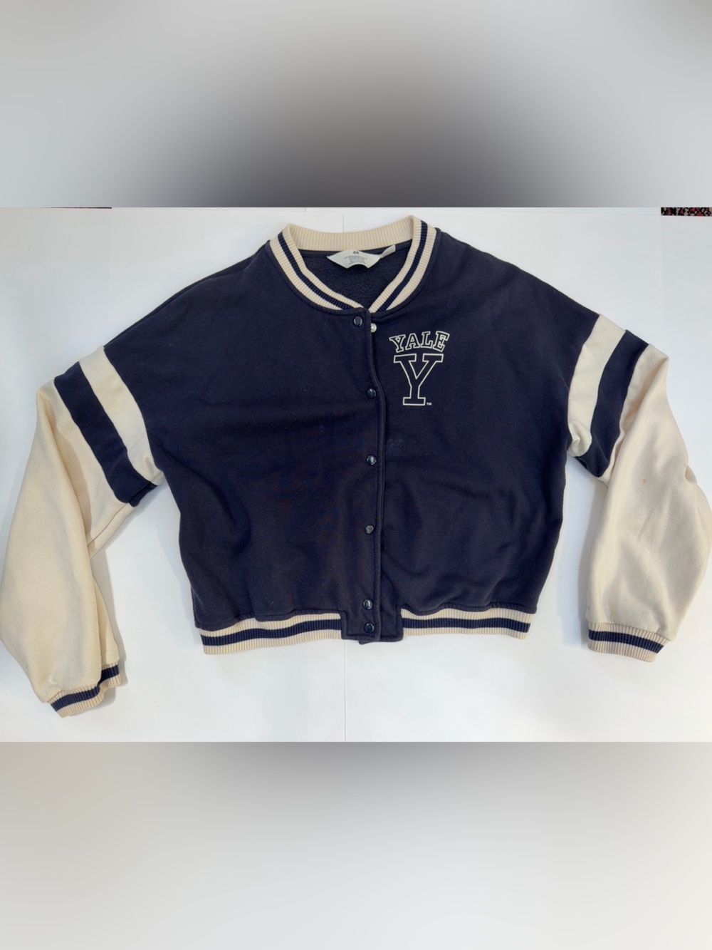 H&M Yale University Girls Varsity Snap Front Jacket Size 10-12Y Navy Cream